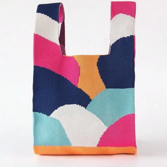 Knitted Blue and Pink Geometric Bag with Knot Design - Picture 2 of 3
